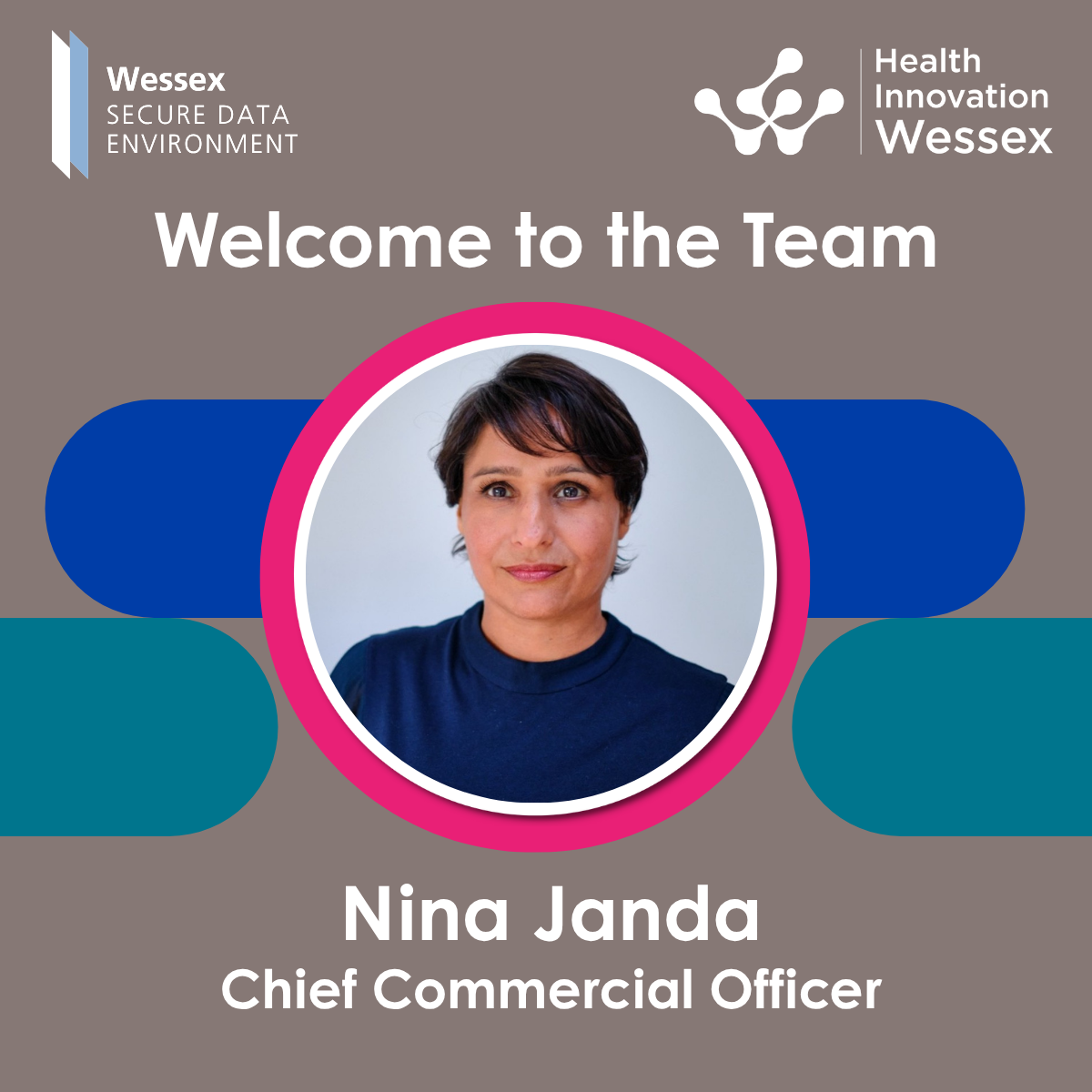 Profile photo of Nina Janda with job title and both organisations logo's 
